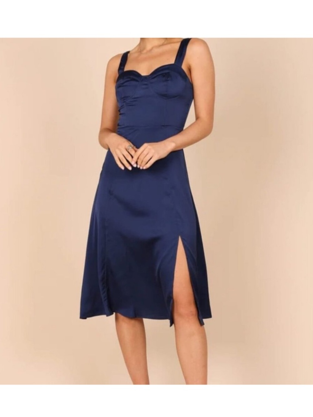 Petal & Pup Midi Dress Navy Blue Sweetheart Neckline Satin Siobhan NEW